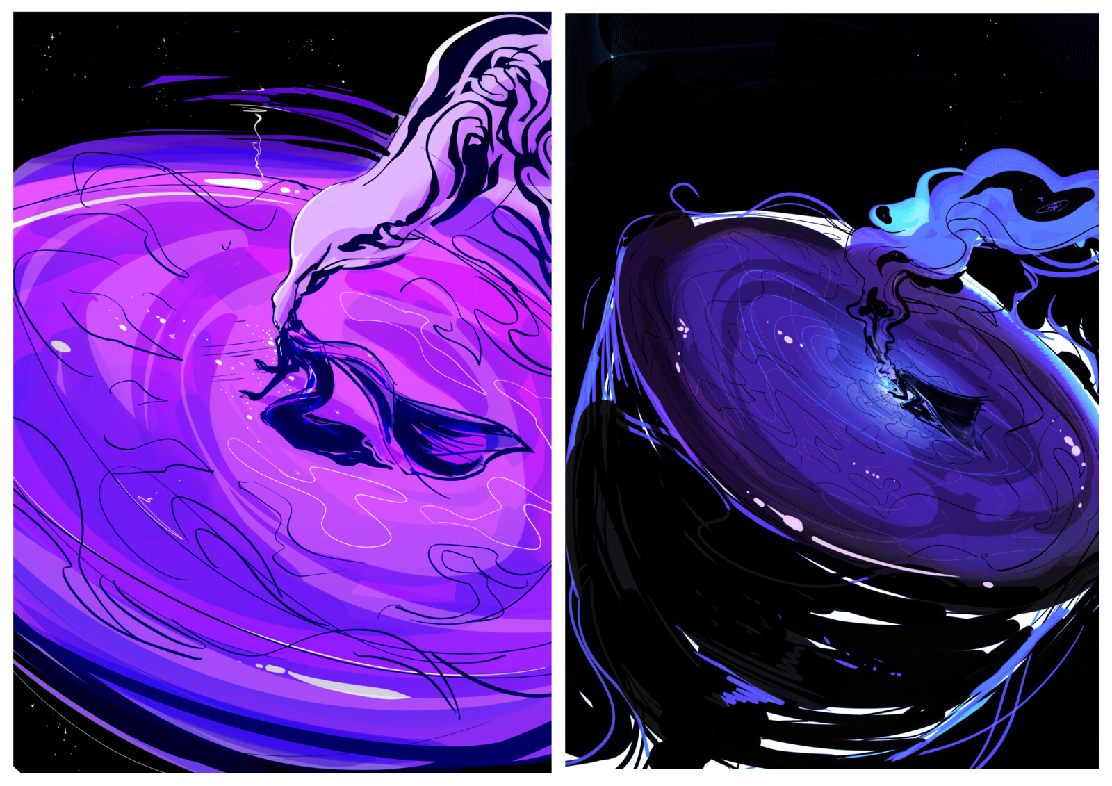 exploration sketches with established entities (Veil, Witness) in my own setting; as an "eye of the universe" and the one beholding it being a younger/pre-metamorphosis version (2023)
