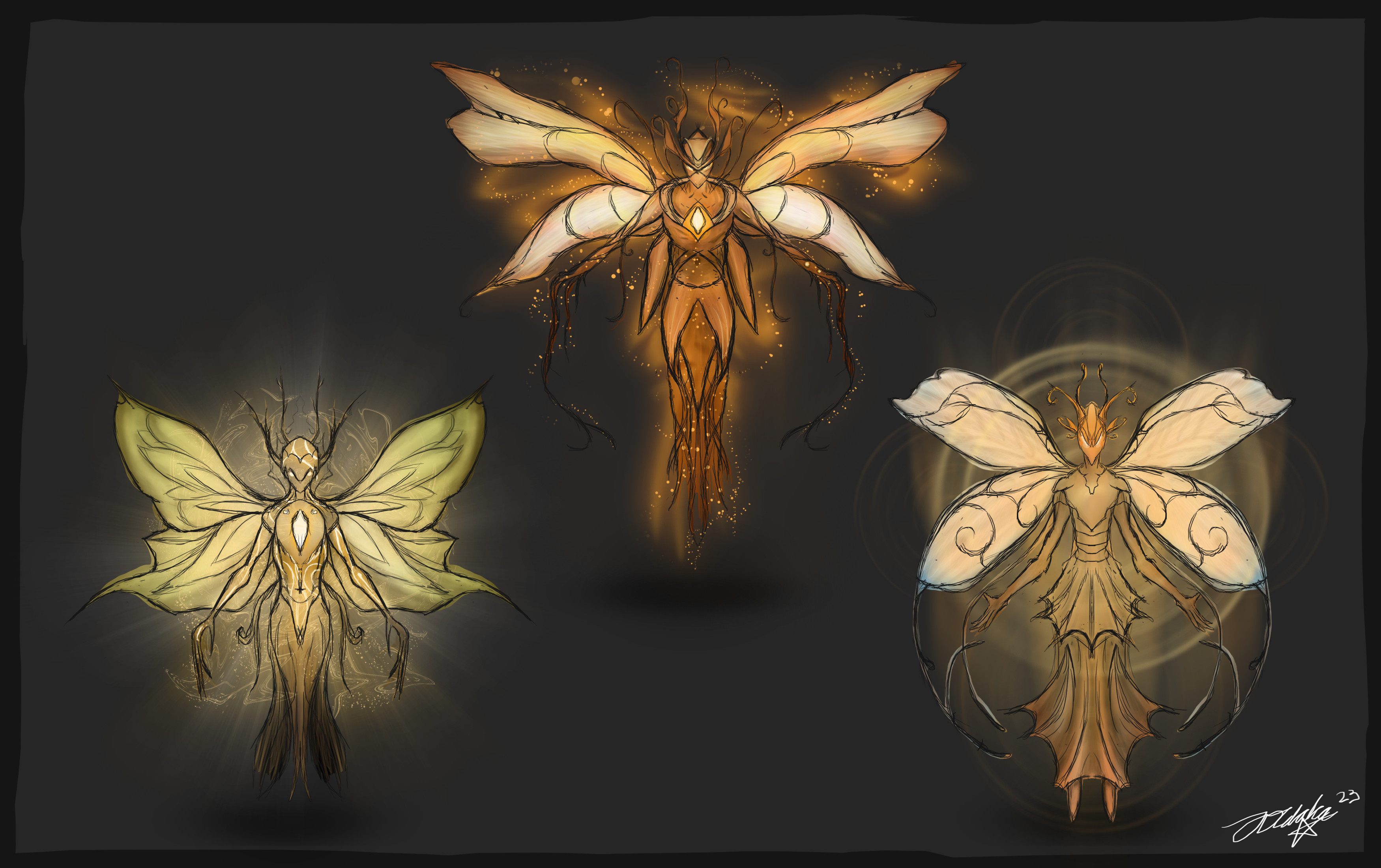 Golden Wisps are creature that the player can capture to use as light by trapping them in a lantern and force them to light your wa... hmmm... Yeah, saying it out loud... we might need to rethink this idea but hey! I made some concepts for it!