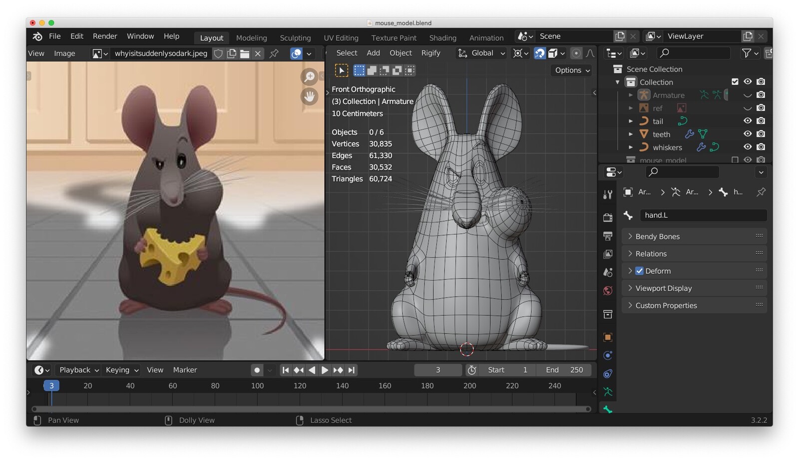 Modeling the mouse with the original Illustrator image as reference