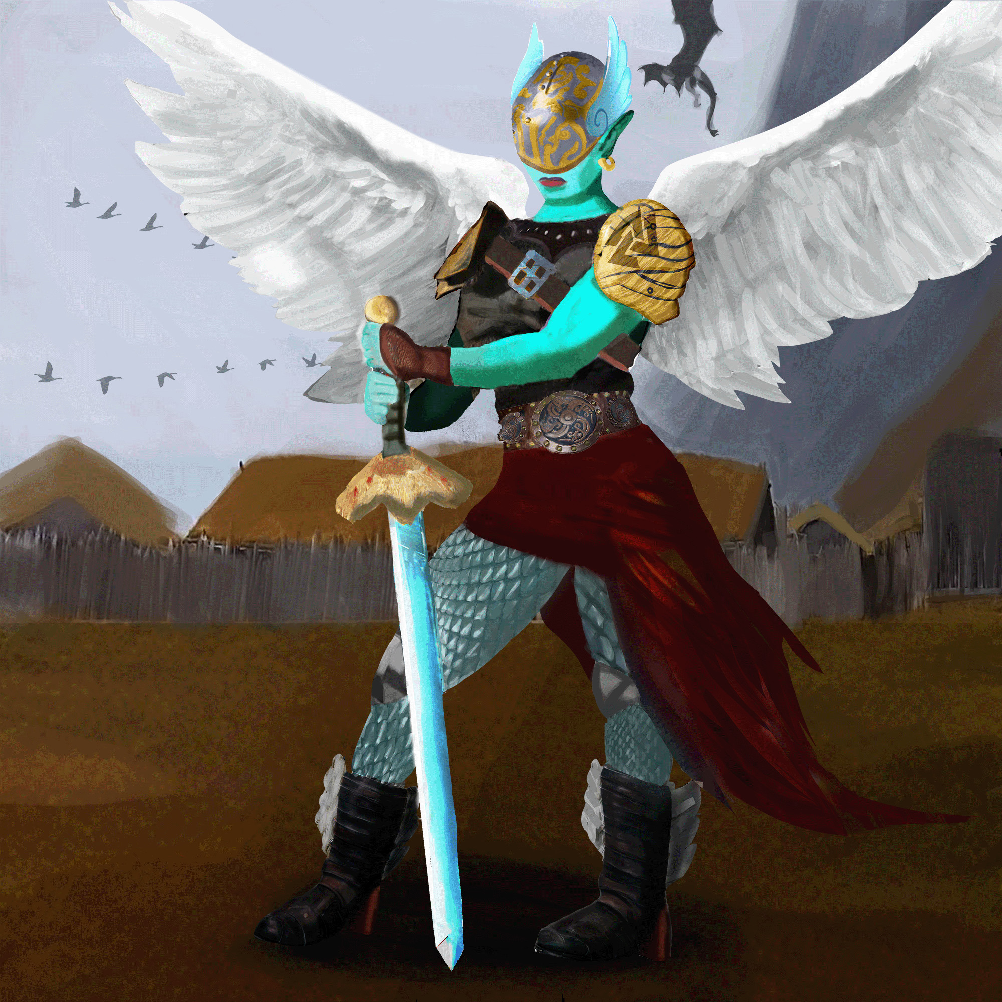 Valkyrie with sword near an viking village made in photoshop