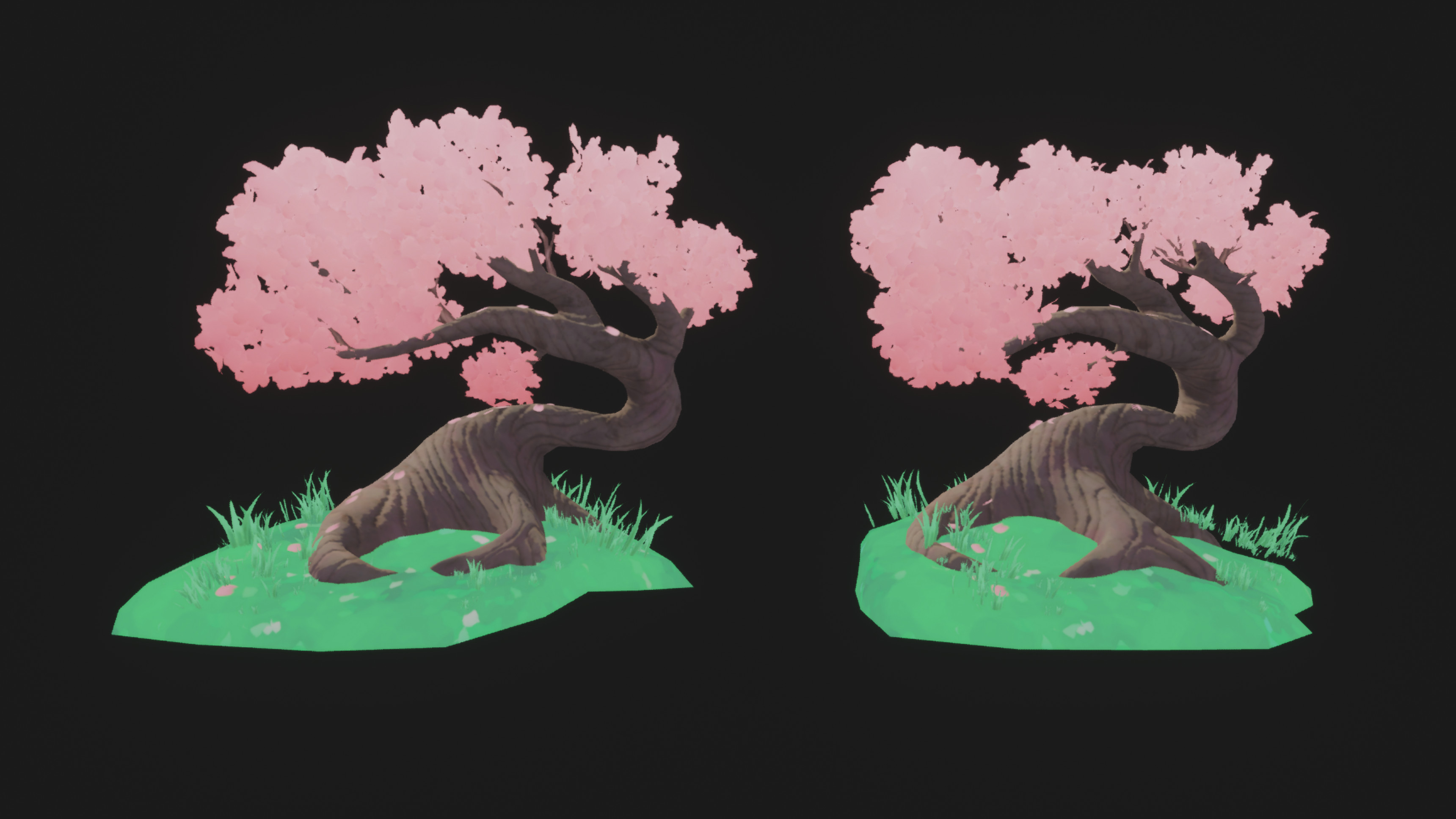 Cherry tree in two variations -- I initially had the statue sitting offset to the center of the tree, as seen in the right models roots. Later on I prefered a more symmetrical look, and thus changed the tree to the final version on the left.