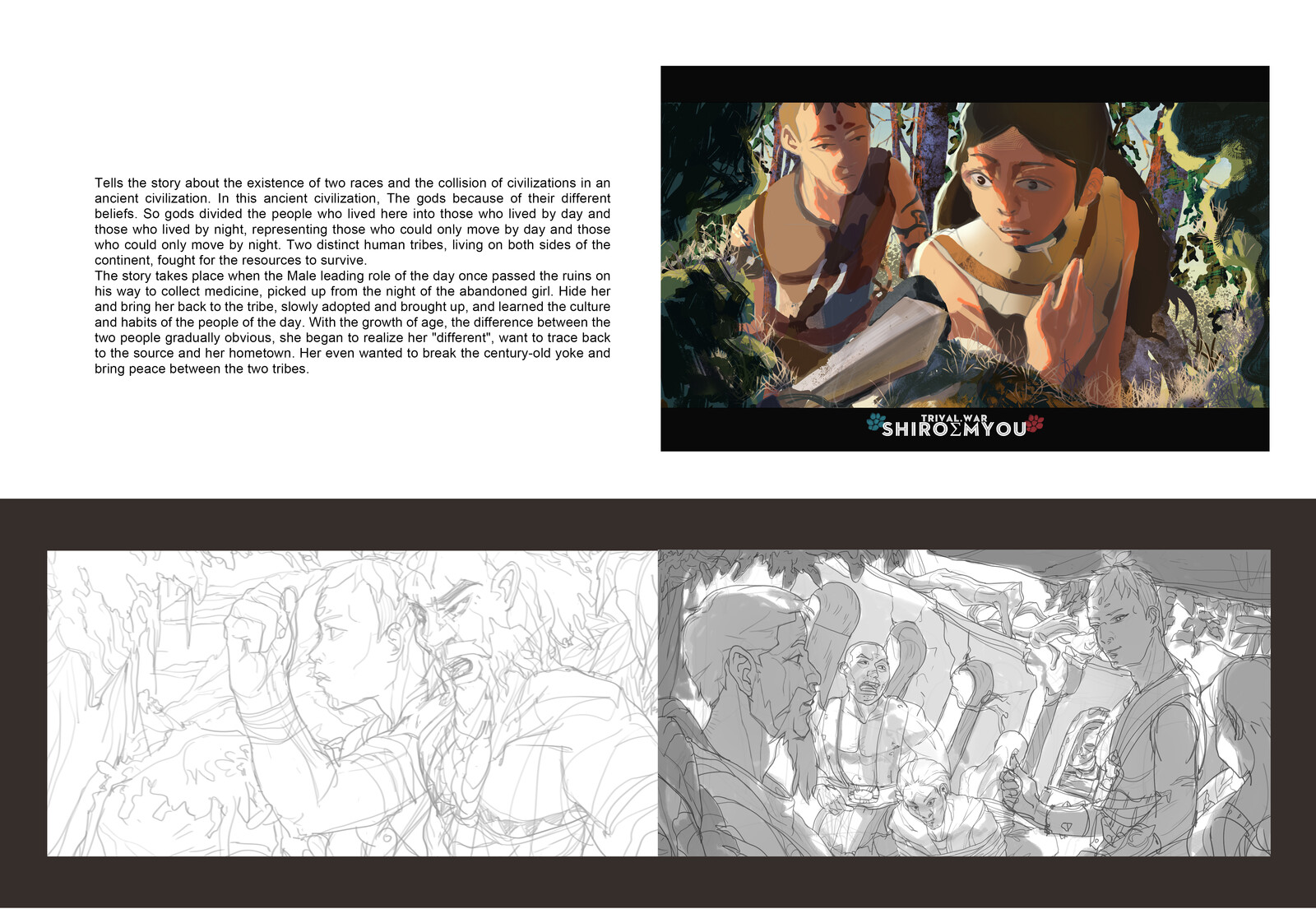 Three plot scenes designed and drawn for tribal conflict. Describe the desired final color style and the light and shade relationship of the scene.