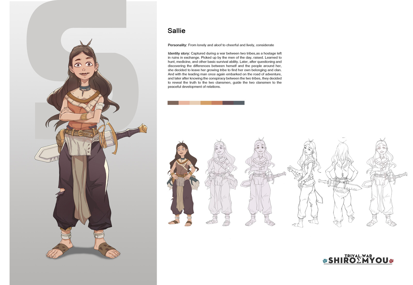  Character design of heroine Sallie, front and side design of character, color matching and three-view sketch drawing