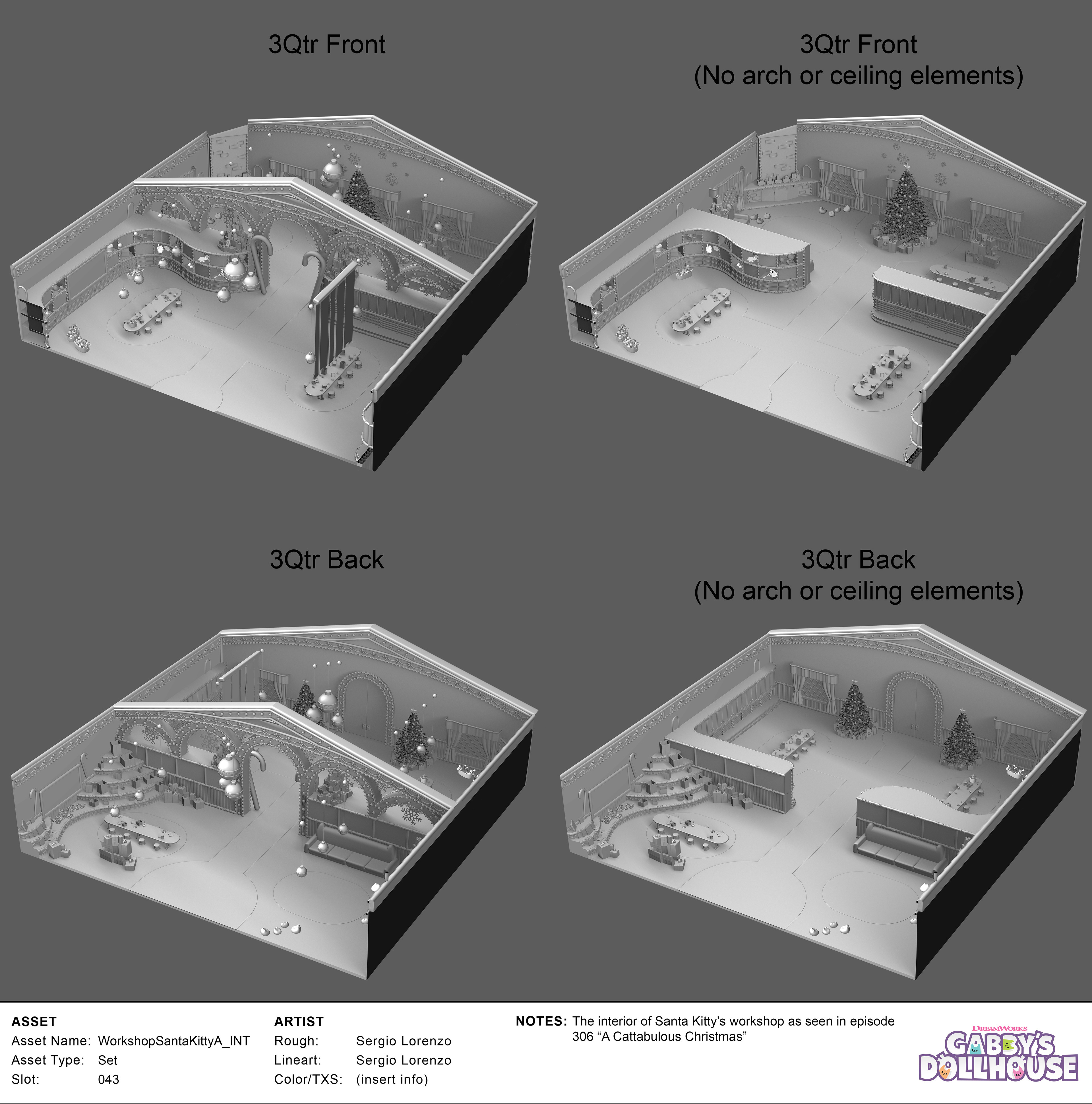 3/4 overhead views of the entire space.  There needed to be 4 distinct areas for activities in the script.