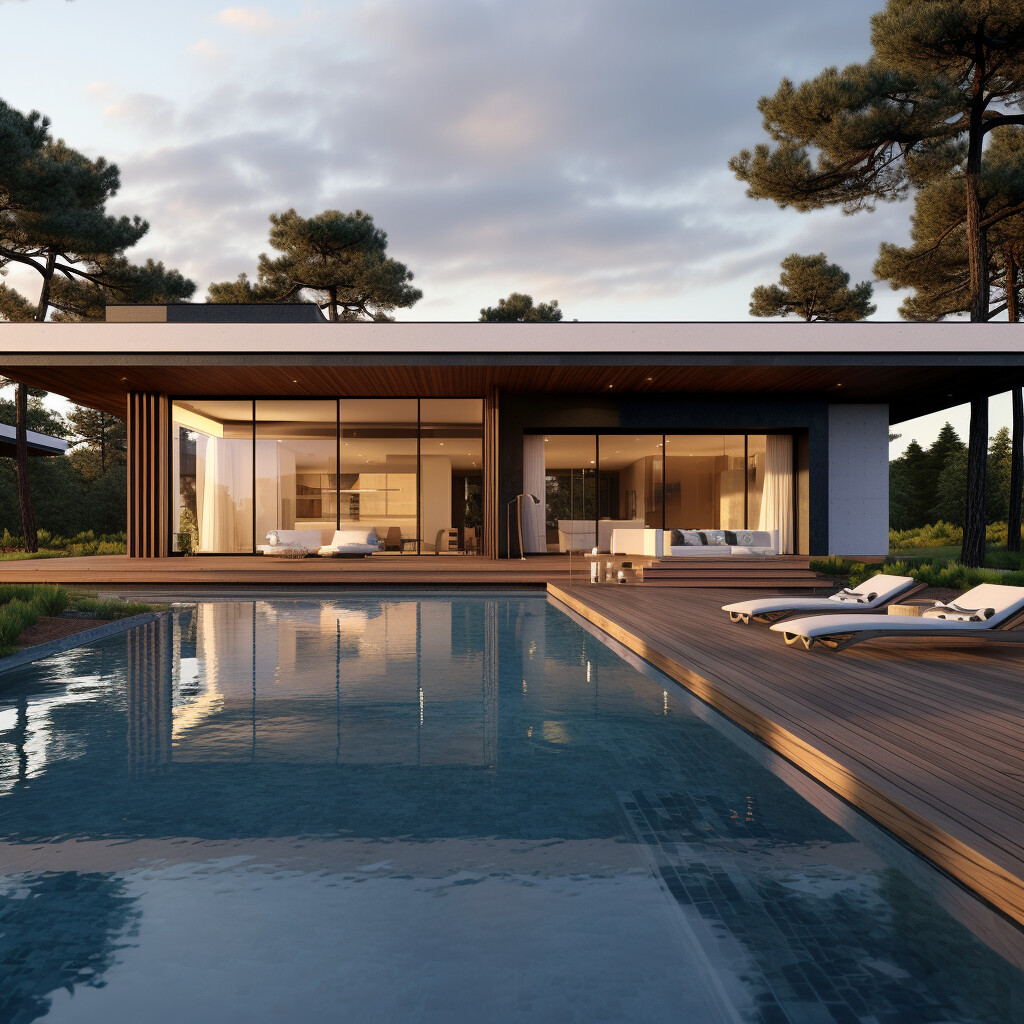 Original model.
Using midjourney, I visualized a classic modern house concept, complete with a pool, set against the untamed beauty of the wilderness. This provided the blueprint for my final photorealistic render.