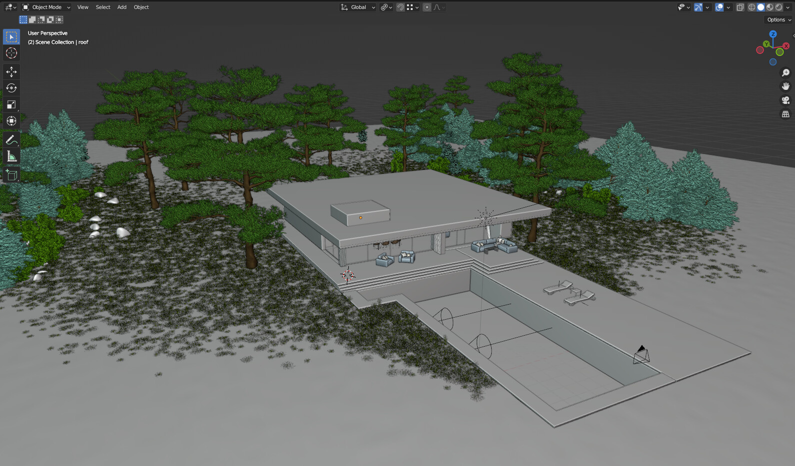 Viewport snapshot of the project, optimized for a singular viewing angle. Natural assets were strategically scattered using geometry nodes combined with weight-painting for precision and realism from this tailored perspective.