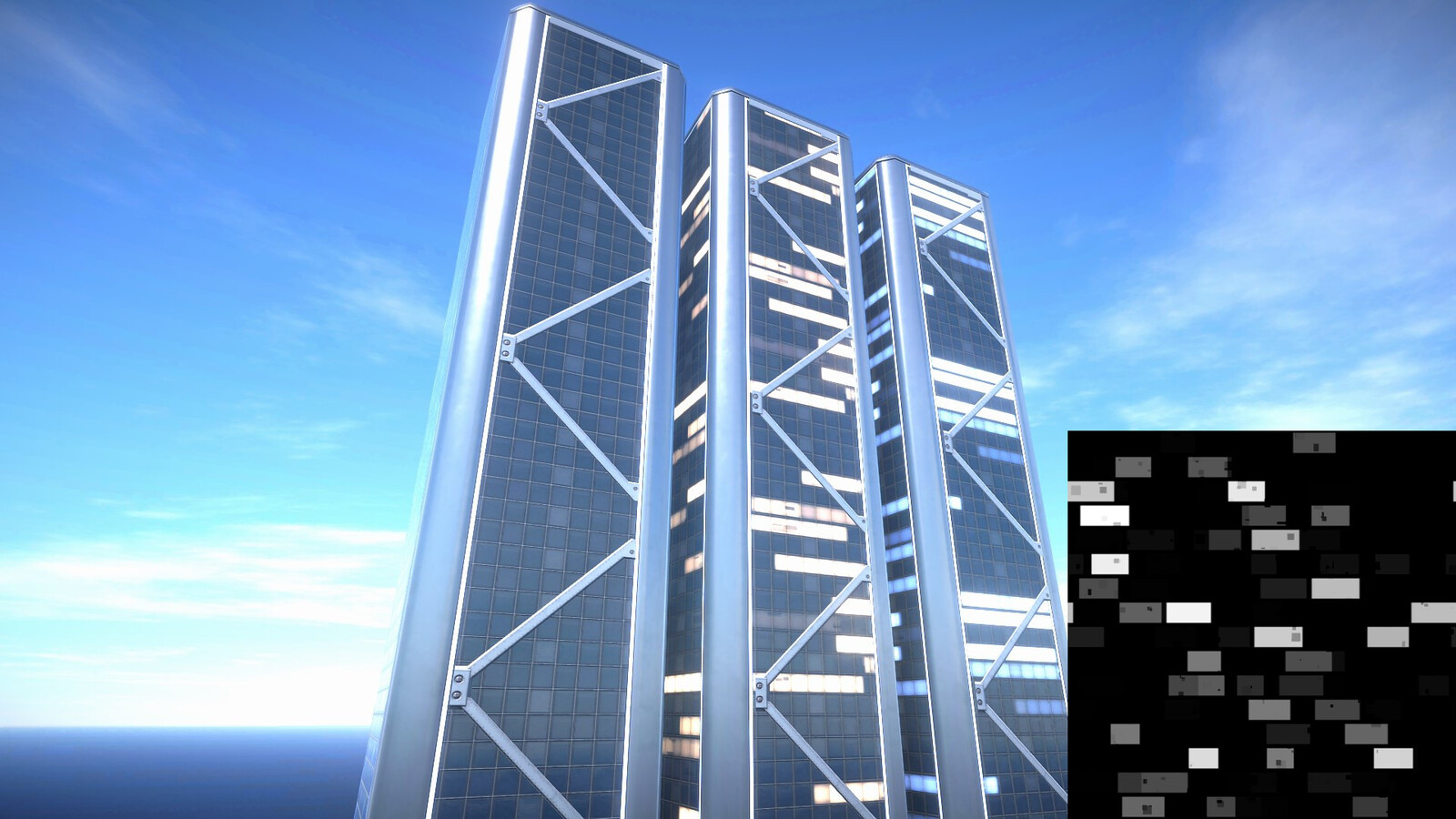 Glass building shader using emissive detail map and mask