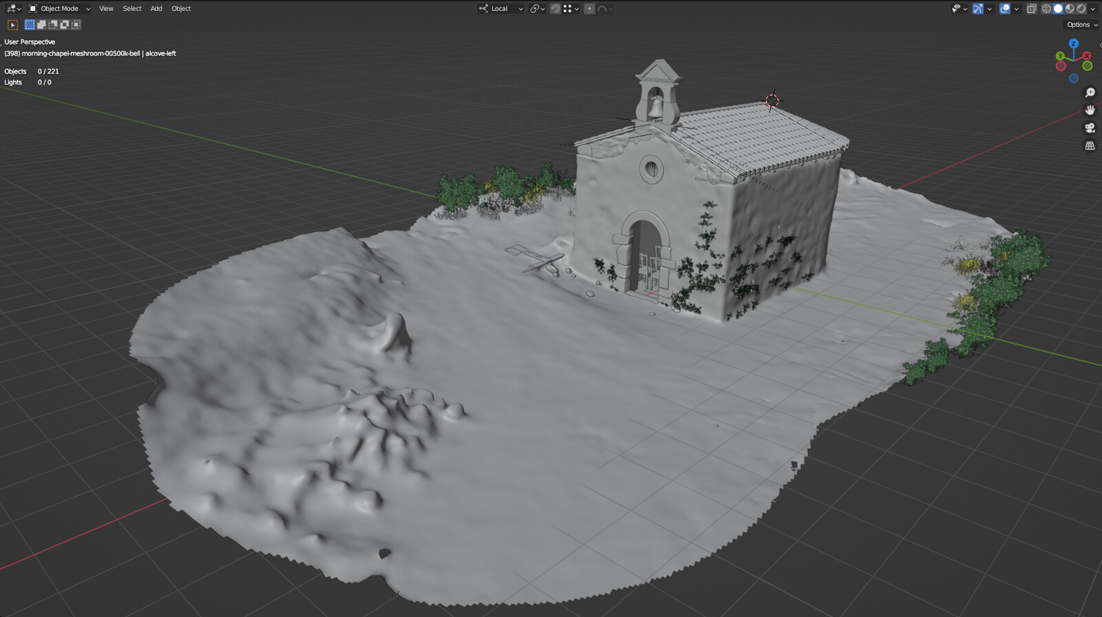 Viewport of the completed project, featuring the 'low poly' model. 3D visualizations are overlaid to project the future finished look. Plant assets are added to enhance realism, offsetting the limitations of photogrammetry in capturing detailed foliage.