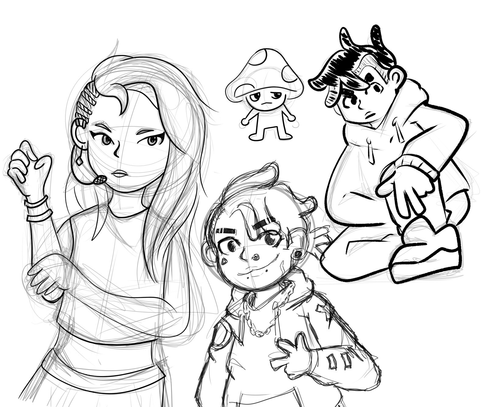 Original characters sketched when brainstorming during a character creation activity.