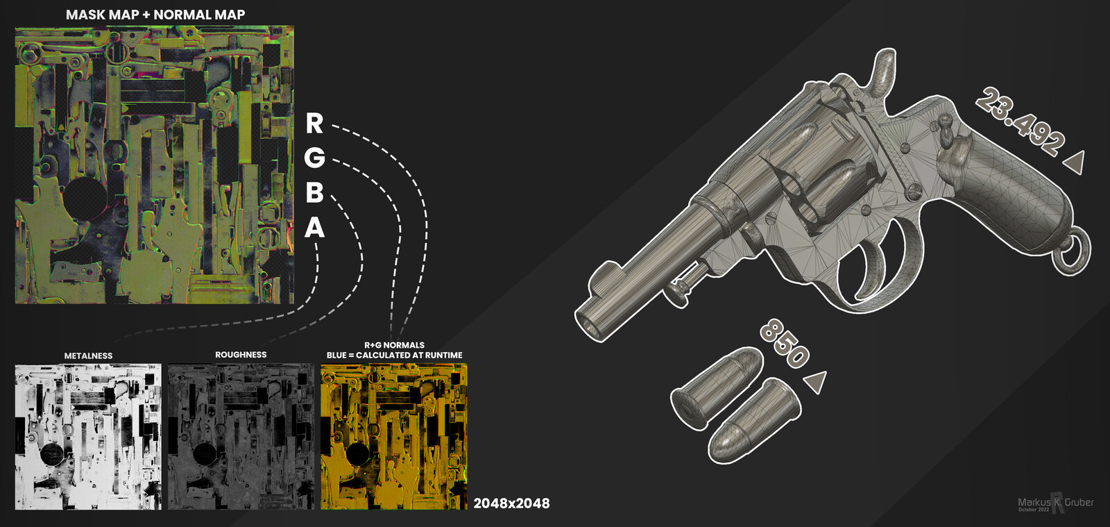 With this project, I played with combining some texture maps. The material only uses two inputs - a BaseColorAO map and a MaskNormalMap. The blue channel of the normal map is calculated from the other two channels during runtime (and saved in memory).