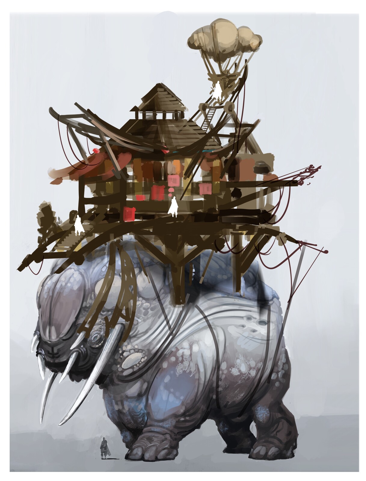 One of the creatures with a howdah living space. Human figure to show scale.