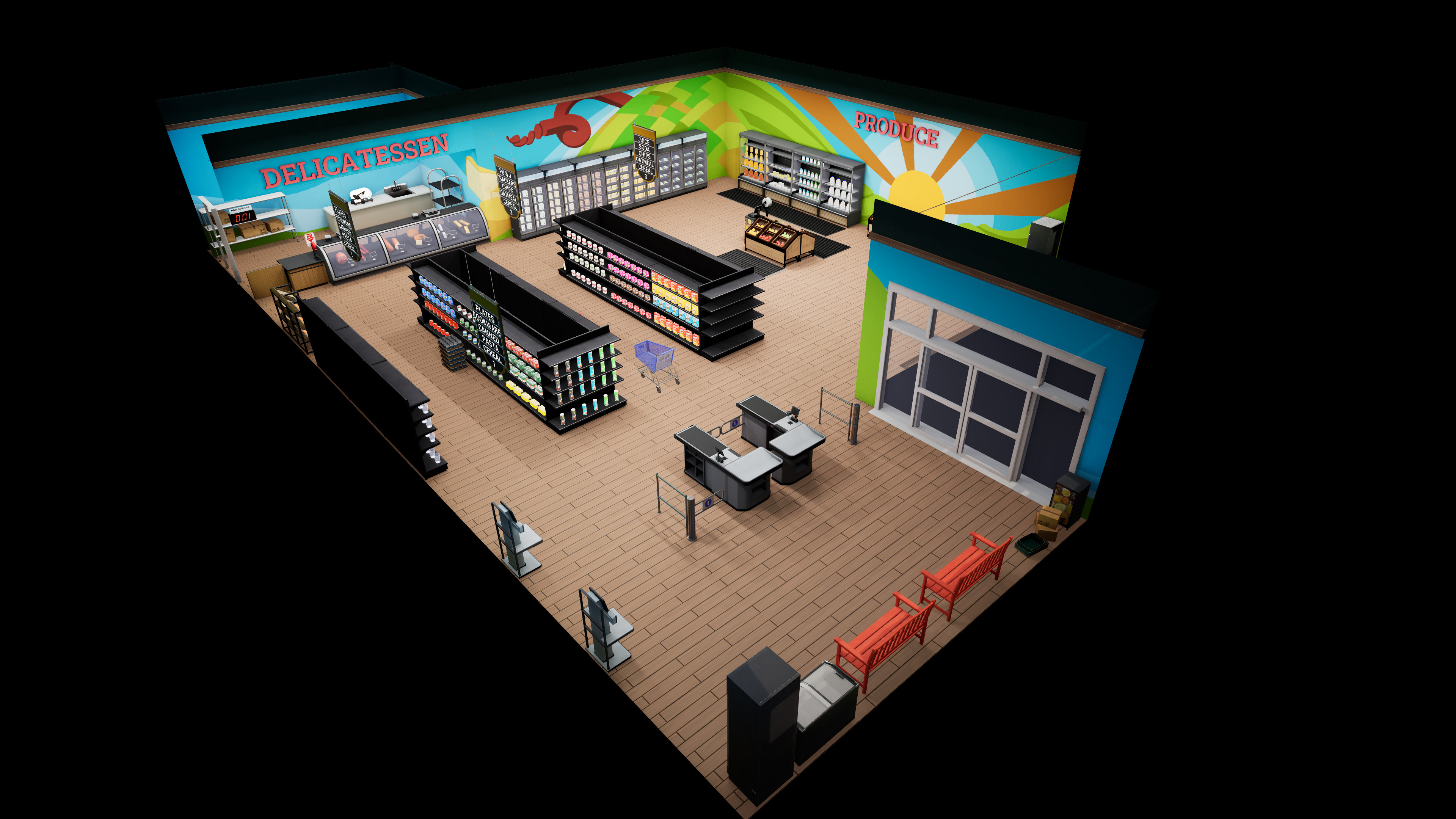 Isometric overview of interior scene