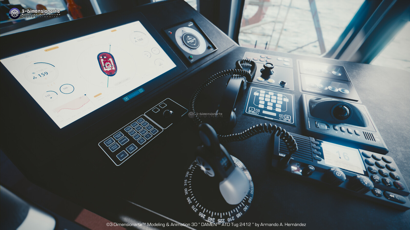 SAILOR™ VHF 6222 DSC Class A
Thruster Control Lever
FURUNO™ Control Unit RCU 015
Wiper Control Panel
Emergency Steering Panel
Azimuth Thruster Control Panel
NEMA Course
DAMEN™ HMI (Human Machine Interface)