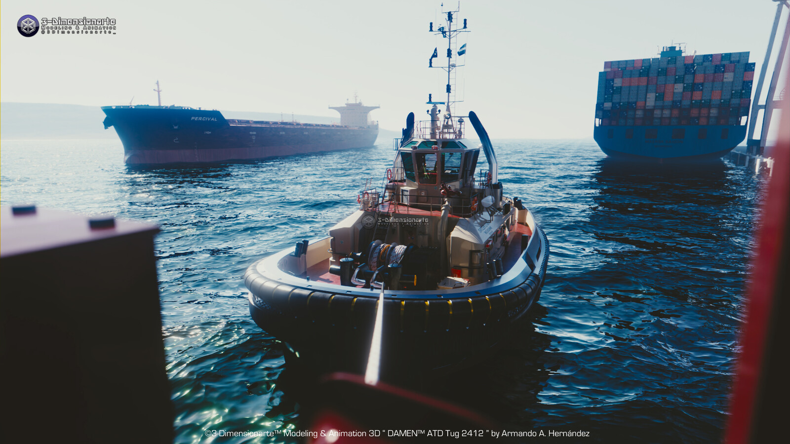 High Detailed ATD Tug, Bulk Carrier, Container Ship and Container Terminal in the same scene!