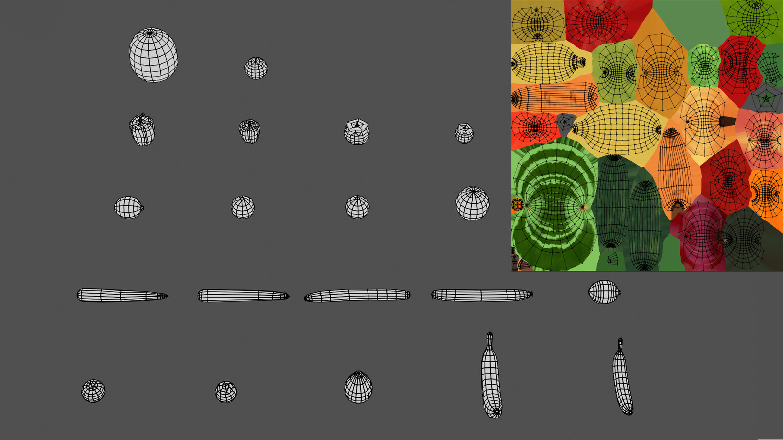 Produce asset wireframes and color UV map, assets atlassed together to reduce drawcalls.