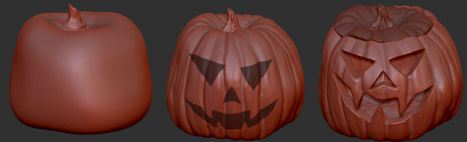 Zbrushcore sculpting process, from initial shape block-out, to a detailed pumpkin with the face masked out, to the final sculpt with a seperated lid and hollowed out centre