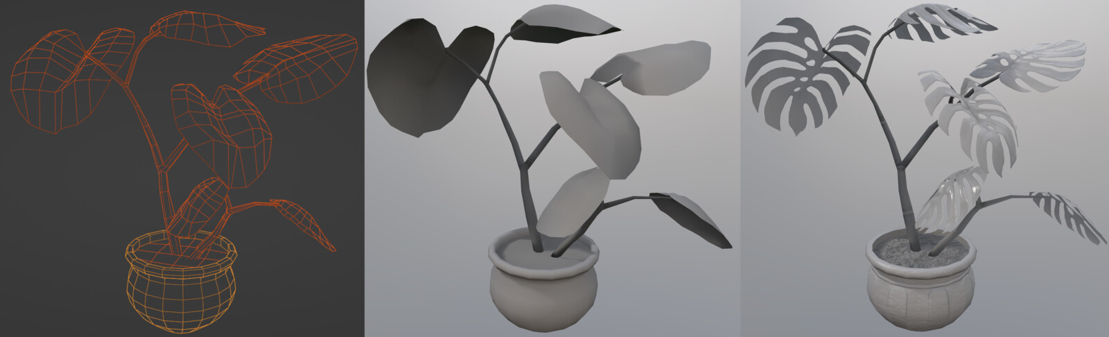 The plant is retopologized in Blender and a simple pot model is created to place it in. The model on the right includes the normal details