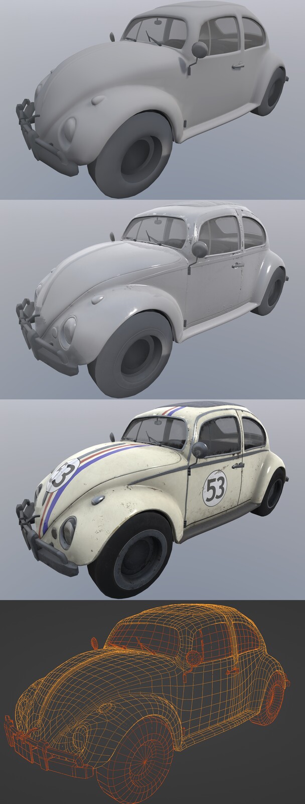 A front view of the base model, the model with normal details, the model textured and the model in wireframe