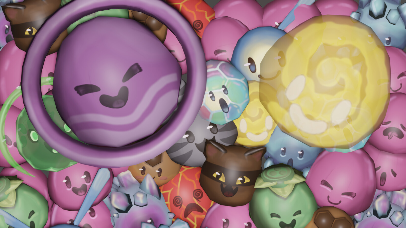 Close-up of some of the slimes at the top of the scene, including the slightly transparent Quantum slime. Looking closely, you can see a shocked mosiac slime below the quantum through it's transparent body.