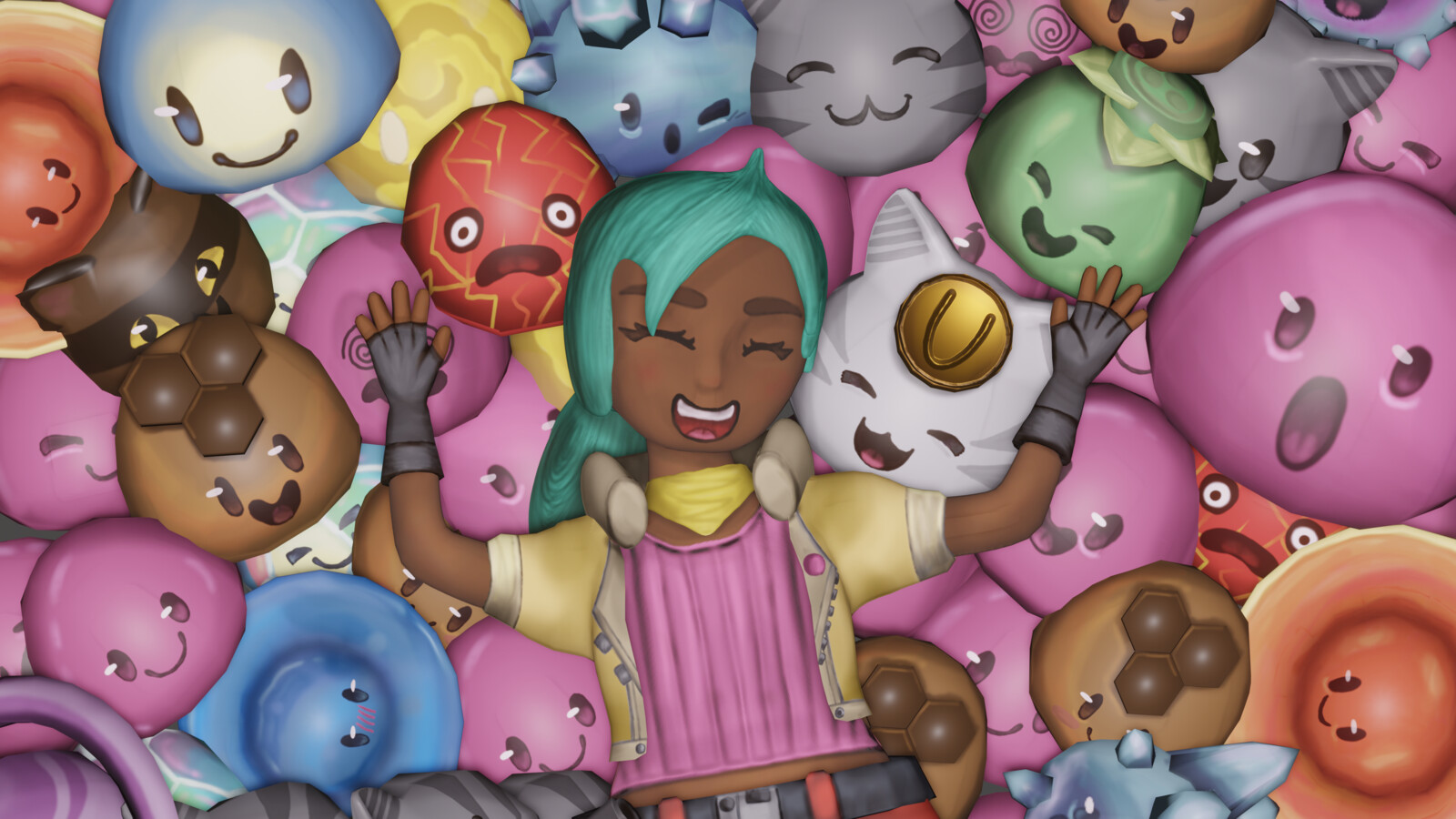 A close-up of Beatrix and the slimes around her.