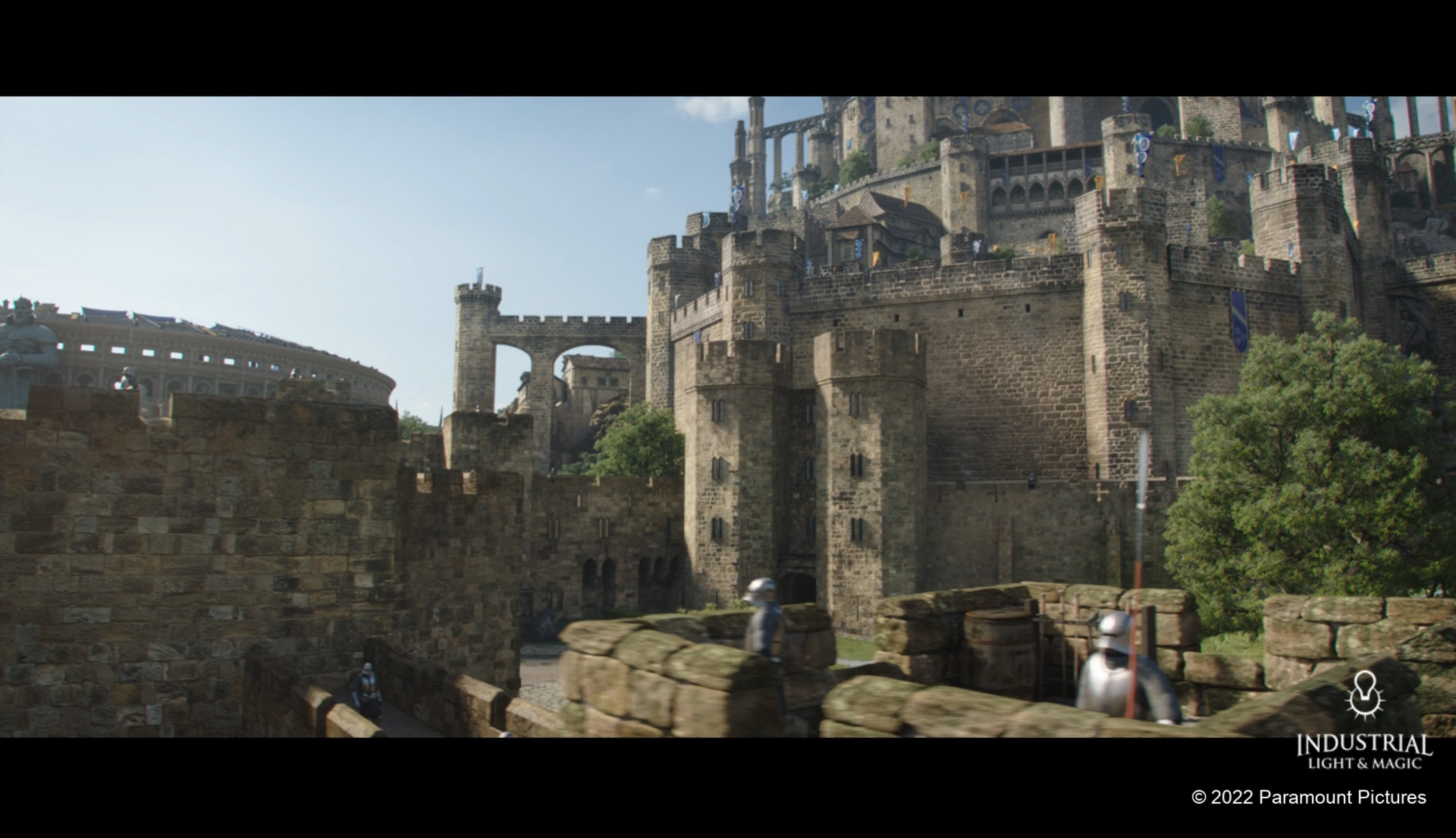 full cg shot, modeling and texturing of the front castle courtyard; vegetation, front tower modelling and surfacing