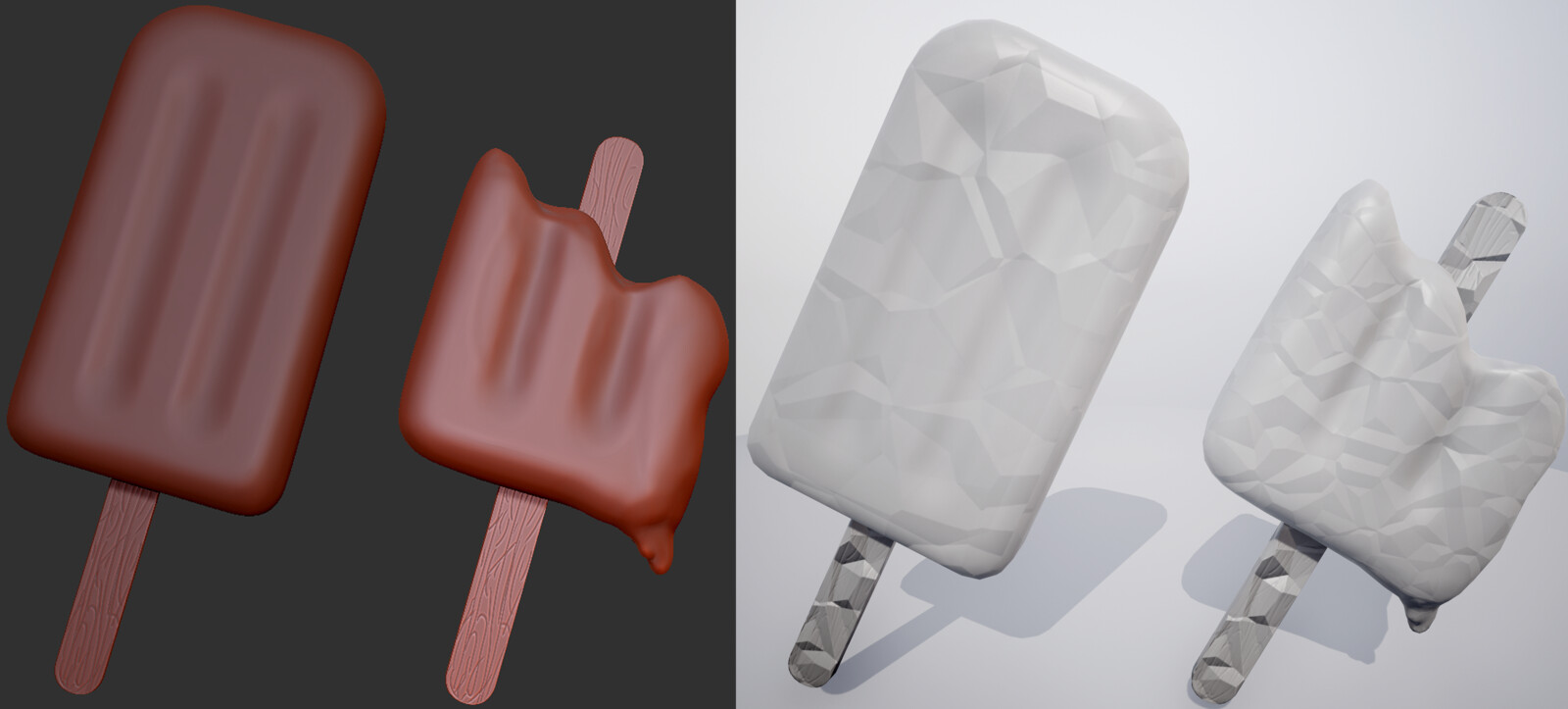 Popsicle stick and indents added in sculpt in Zbrushcore, melted popsicle is an altered version of the original whole popsicle with additional sculpting.