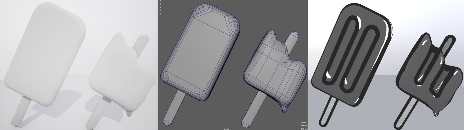 Low-poly of the whole popsicle were made in Maya, and the melted one was also retopologized there.