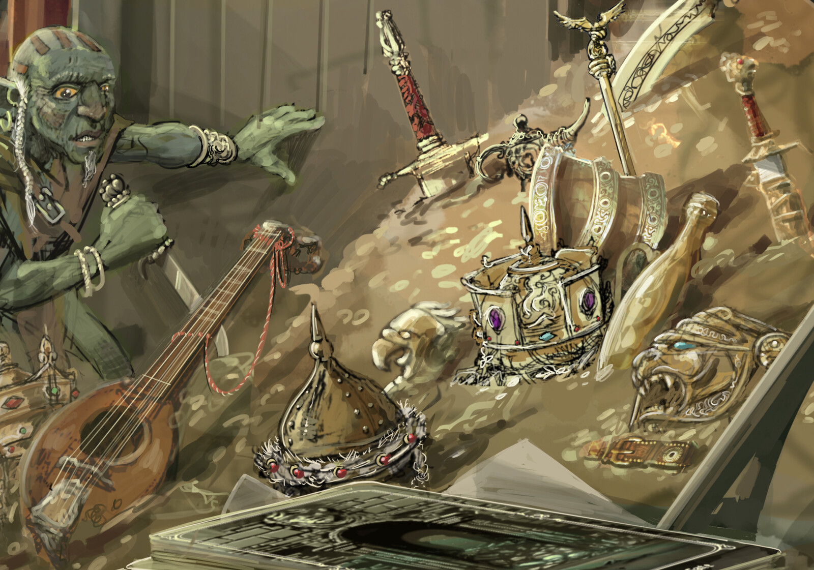 Piles of treasure, magic helms, magic swords, magical musical instrumments etc. oh, and lots of gold…