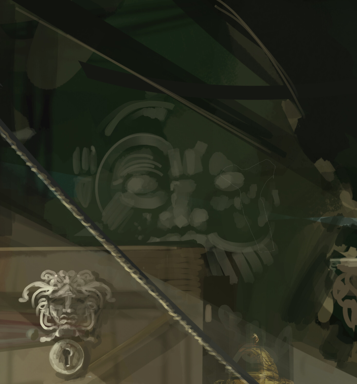 And the quiet but of the image. I like to think that the two inanimate objects in this part are at odds with each other. The Medusa head, being a guardian, meant to ward off travellers. While it was the big statue that lured the party here…