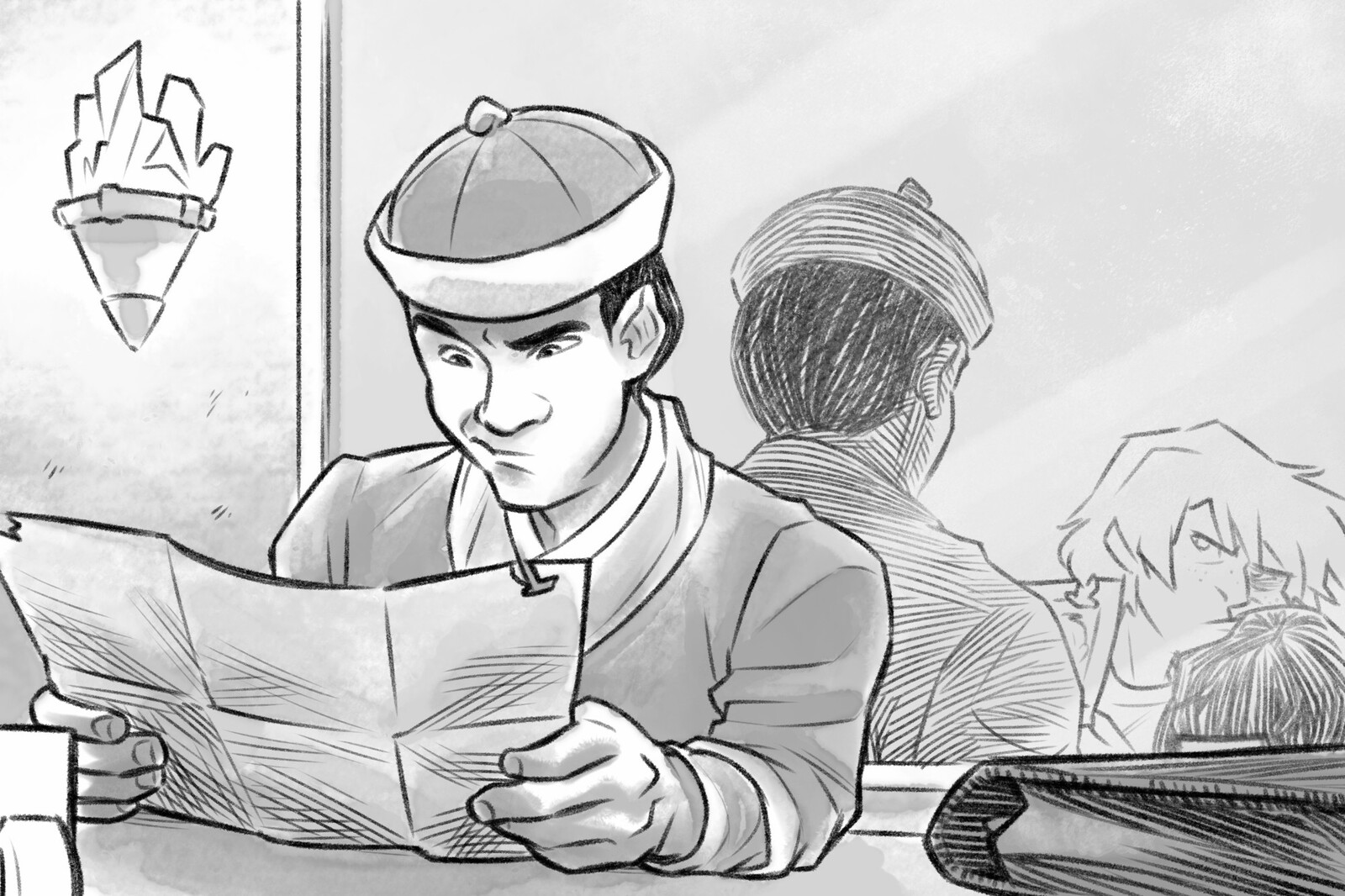 "'Well, I don’t have many details of the other case aside from this arrest report... I have to say, though,' says Tao, turning the wanted poster to face him, '50 gold is a very low reward, considering the severity of these charges.'"