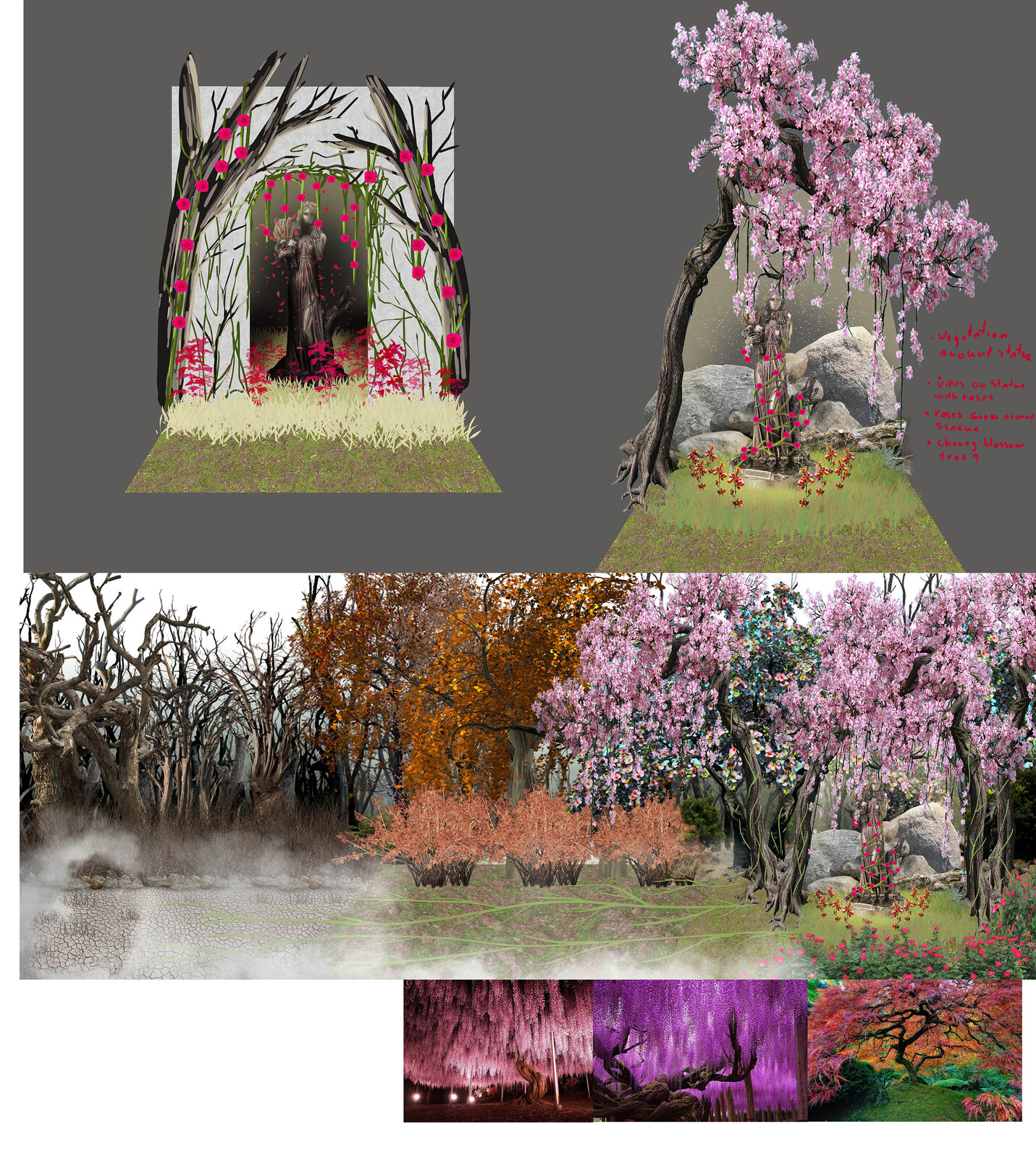 Concept art of the shrine and the transition from concrete
dead vegetation to life like colorful vegetation.