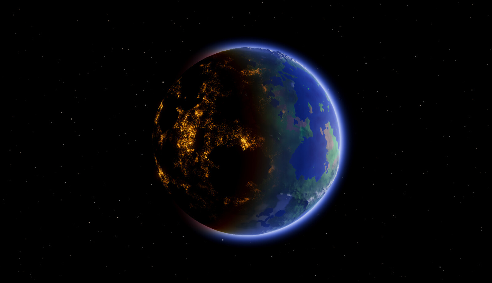 Your regular old earth-like planet. The shader generates light on the dark side of planets using a population slider.