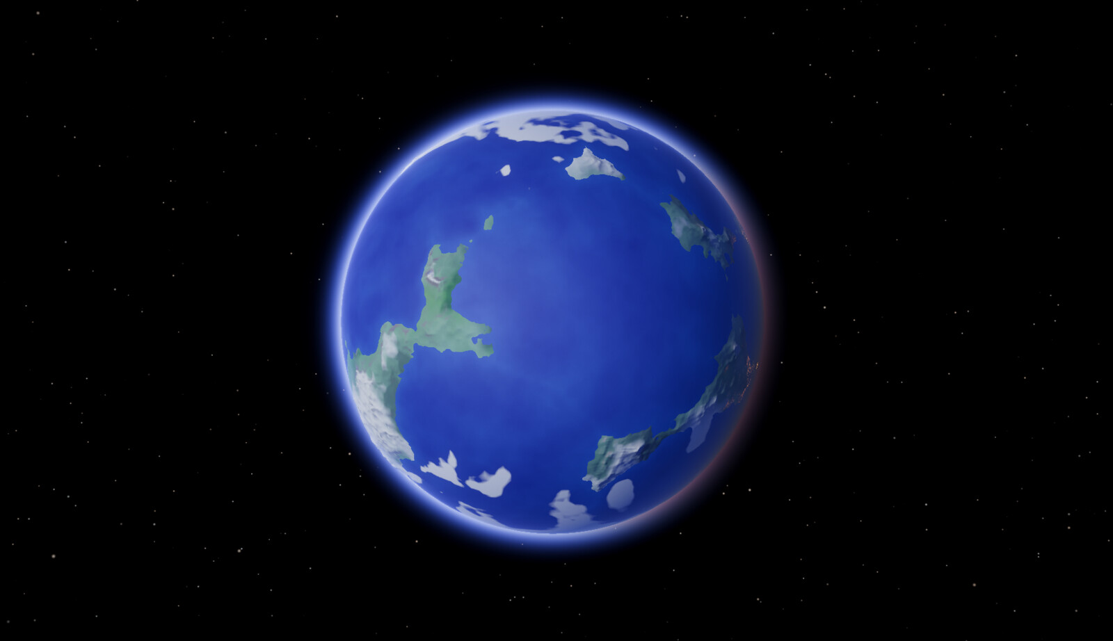 A cold planet with a high ocean level.