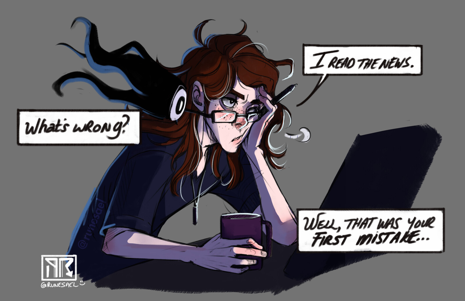 Old art of myself and a weird floating eyeball familiar. The text bubbles need to be rearranged for clarity. 
