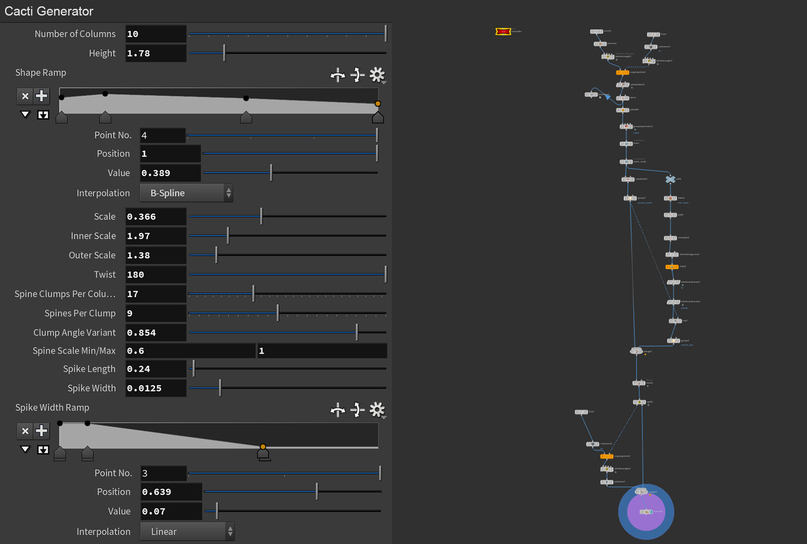 I developed a cacti generator during the CGMA course with Sean McEwan. Its parameter interface allows for precise control over the cacti’s size, width, height, twists, and spike angles, enabling flexible and varied designs.