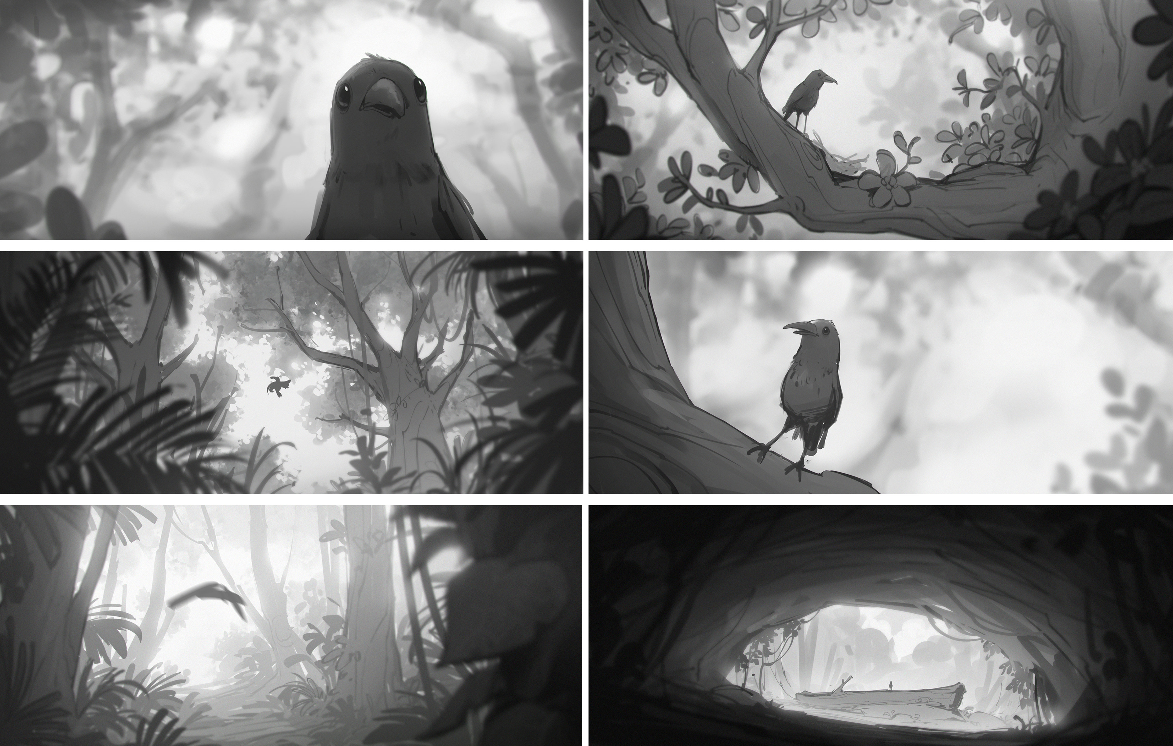 A selection of early rough compositions from the pitch deck - most of the shots in the final film stayed pretty close to the original pitch animatic