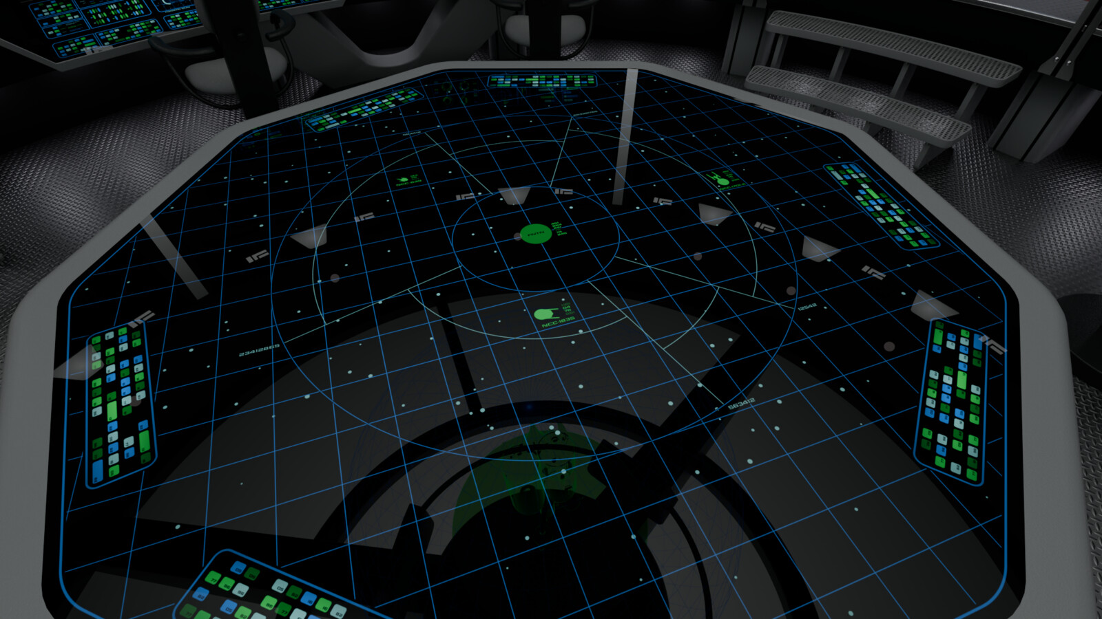 The situation table, showing starships Banting, Rutherford, and Enterprise around the station.