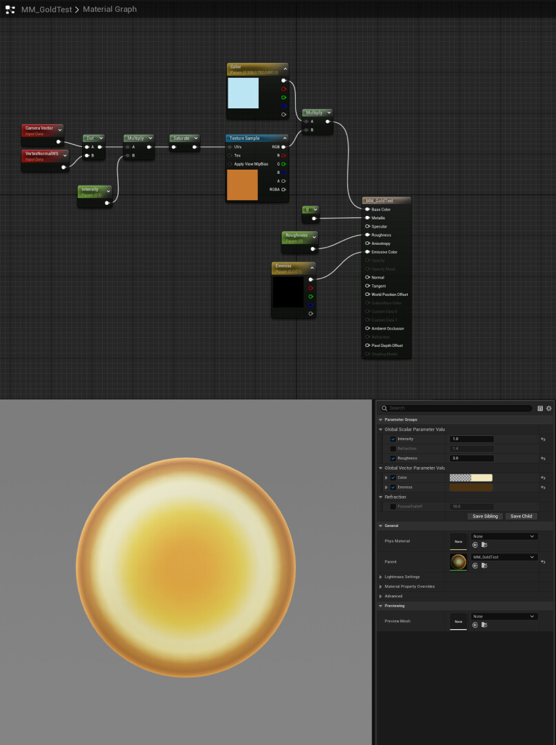 Gold orb shader is separate. This one is for faceted or non-sphere objects.
