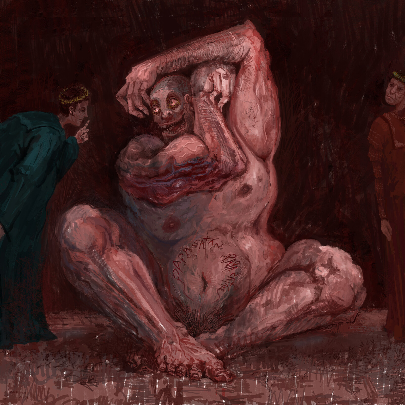 PLUTUS
"Papa Satan, Papa Satan, aleppy"
Plutus clucked and stuttered in his rage;
And my all-knowing Guide, to comfort me:
"Do no be startled, for no power of his,
however he may lord it over the damned,
may hinder your descent through this abyss."