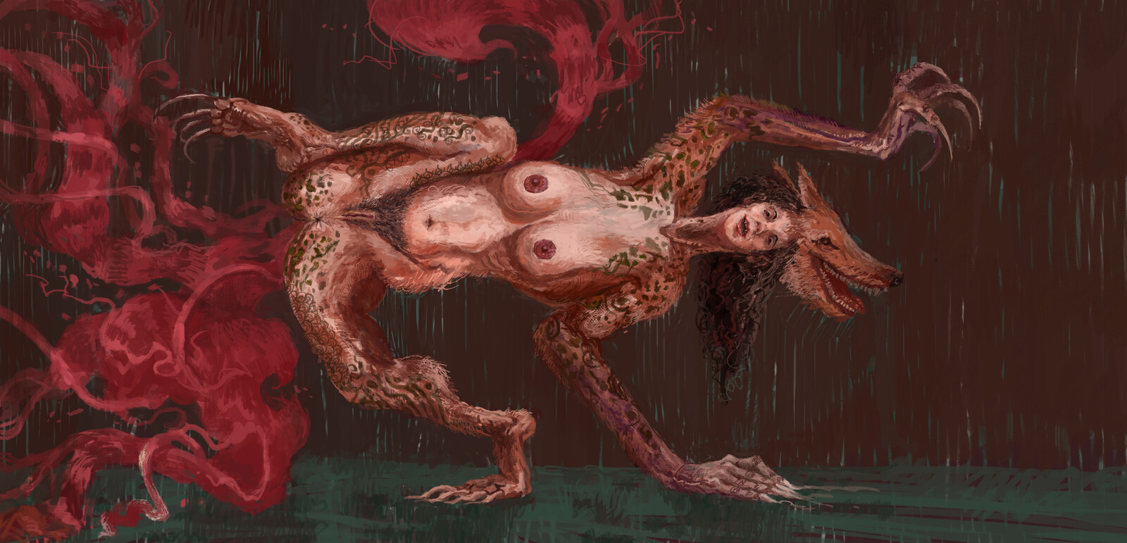 The She Wolf who terrorizes Dante in Canto I, I have made it a thoroughly provocative and nightmarish creature, the visual of which should scare anyone.
Also the She Wolf is a metaphor for sins of incontinence (more,more,more, therefore sins of the flesh)