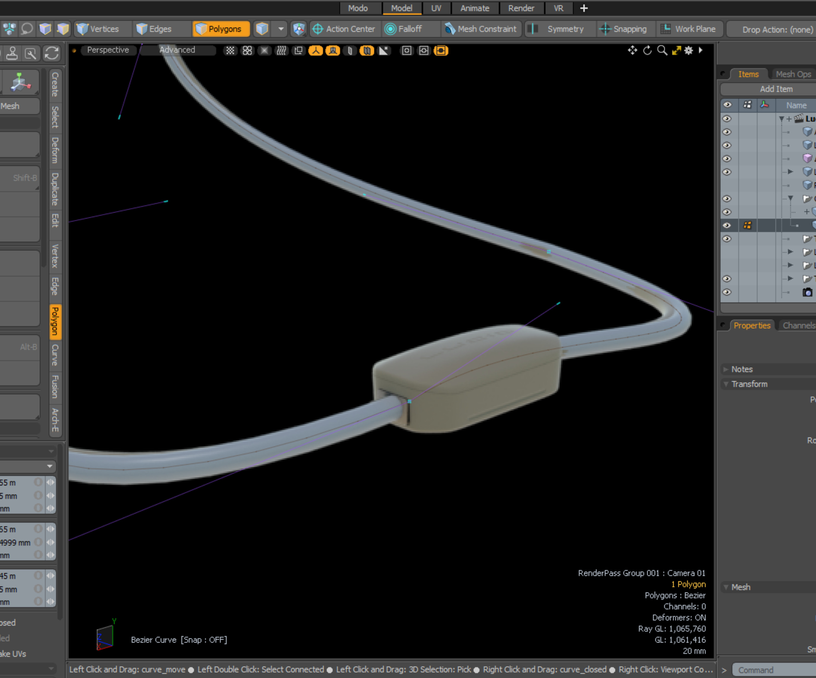 More sausage-making / behind the scenes: This shows how using a bezier deformer combined with some procedural geometry leads to an *easily* art-directable EV charging cable.