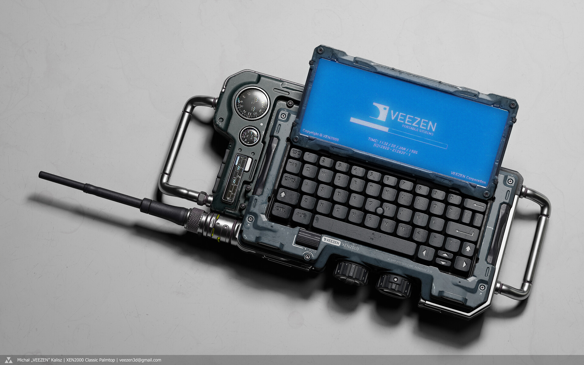 Cyberdeck radio concept art rendering with display open and keyboard showing
