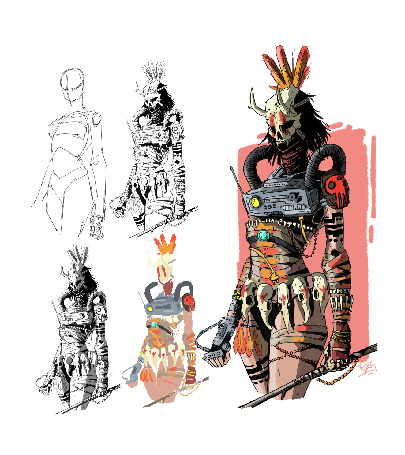 Another pose study that I drew at CDW. I like to think that her tribe dwells on a planet which absorbs a lot of space debris and junk from the Automated Continent, so the tribespeople are heavily adorned with broken machinery.