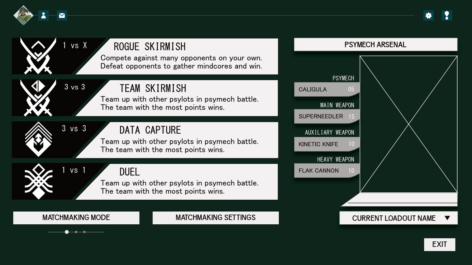 The second wireframe, adding in the possibility of previewing the player's current loadout and enjoying it visually as well as informing the player on their equipment.