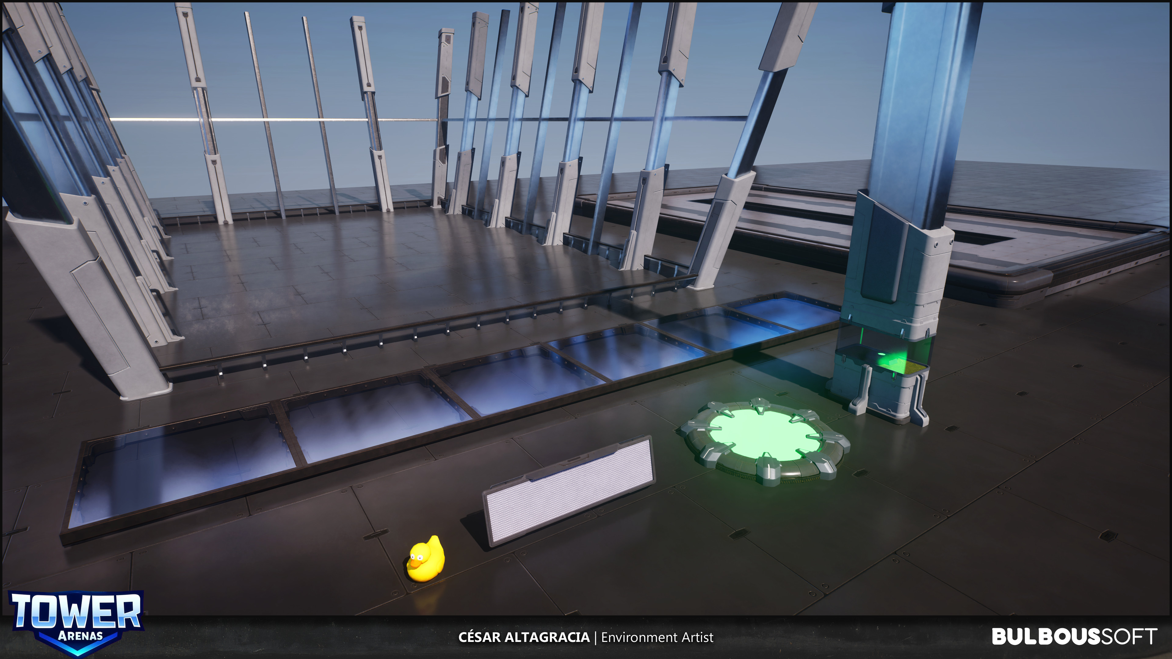 Individual meshes for architecture and props, and one for VFX (the rubber duck used for particles when players explode).
