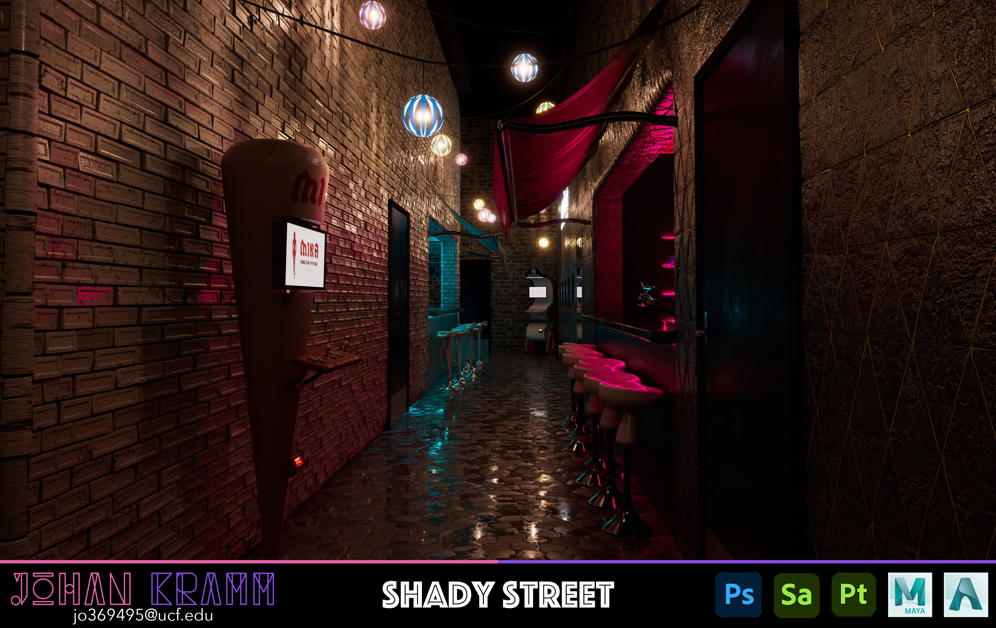 Looking Down Shady Street. I wanted to make the scene look wet as though it had just rained, which game the scene a stunning look and added to the realism of the renders.