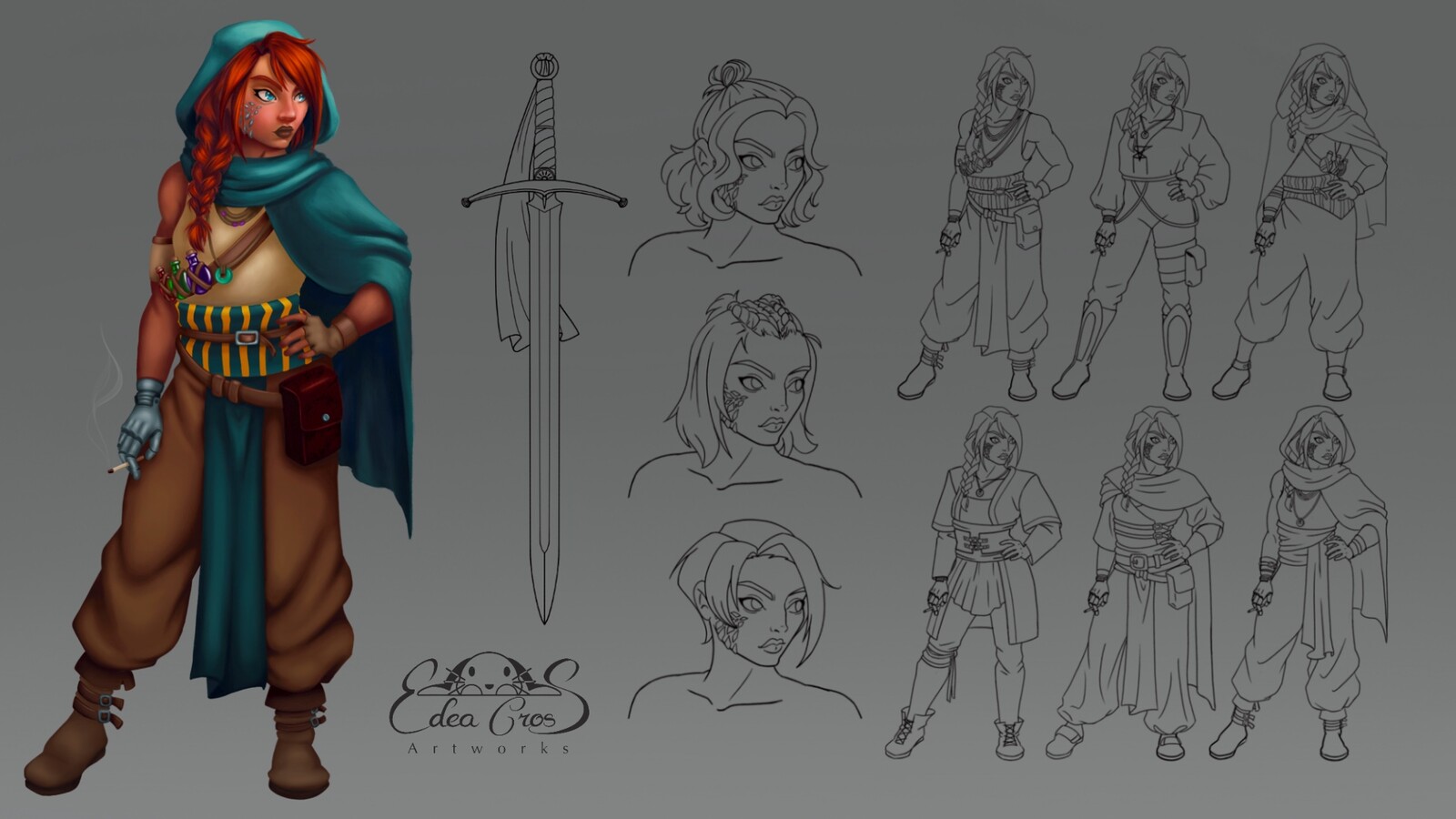 Character sheet (full colour, weapon, hair &amp; outfit studies)