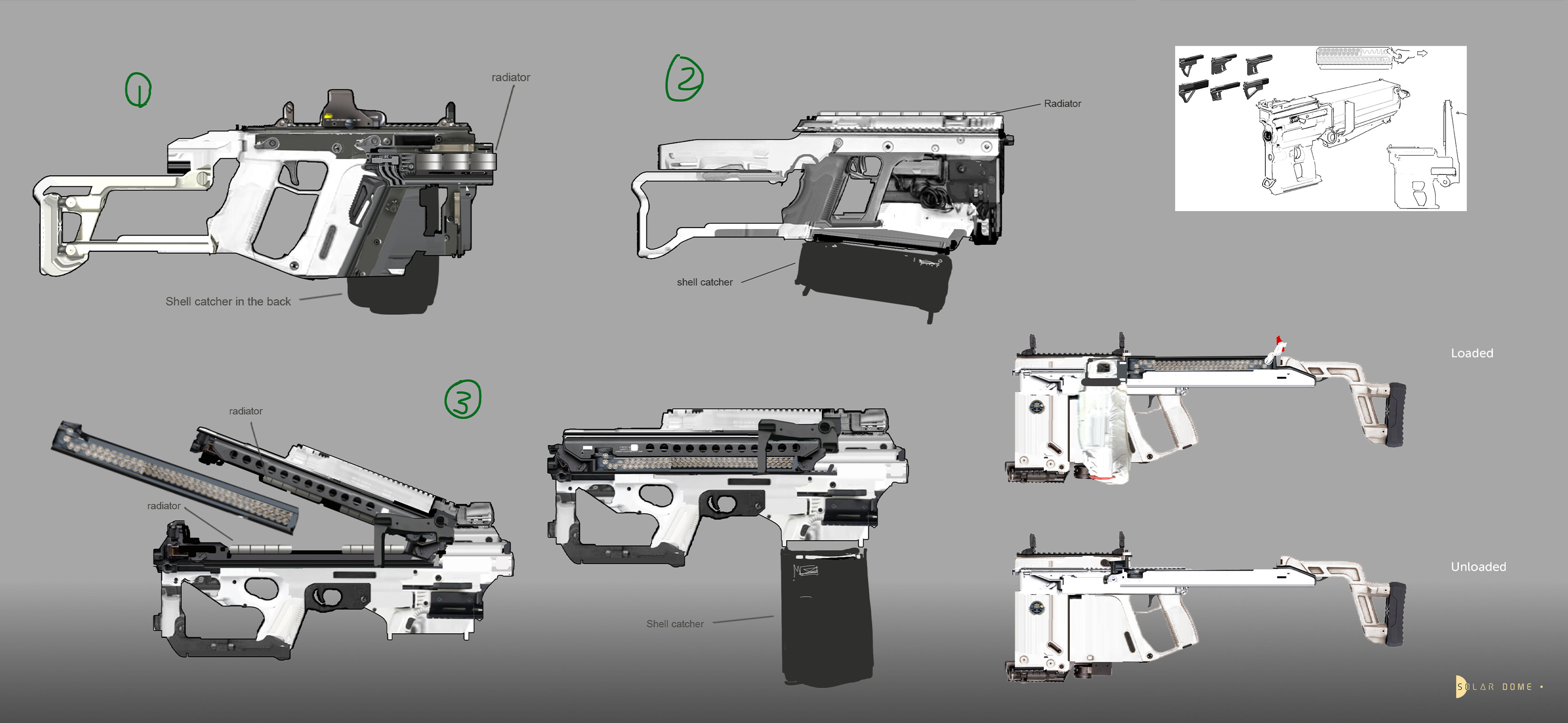 the bag hanging on the side of the SMG is the brass catcher. As in zero-g environment floating bullet shells could be a serious problem for other friendly spacecrafts