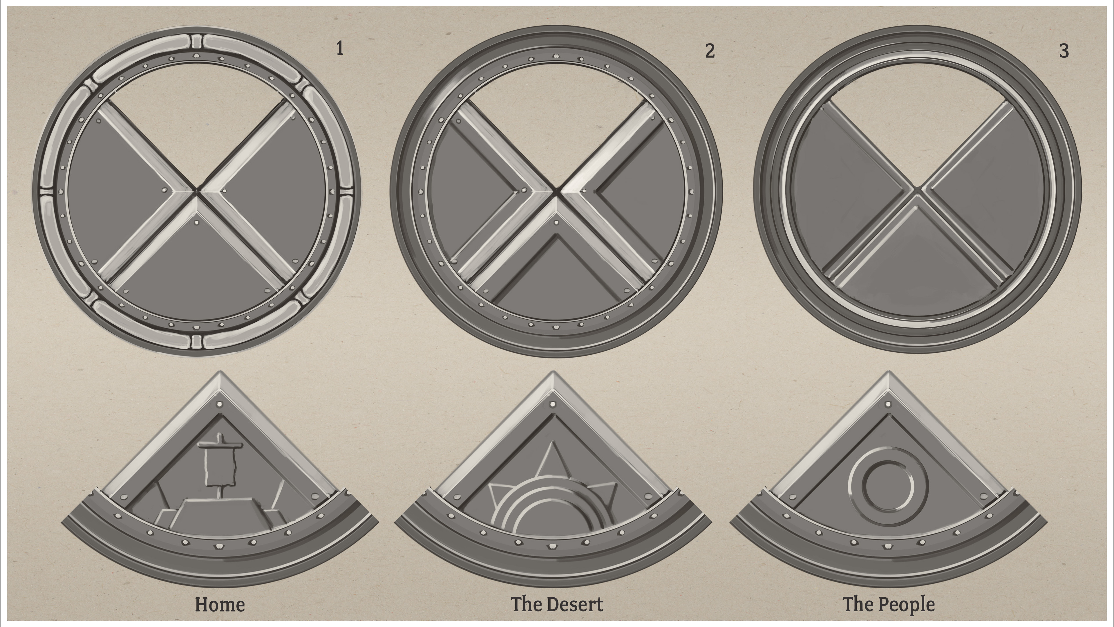 The three symbols on the coins represent the things most important to the citizens of Nyreen - their home, the desert, and the people themselves.