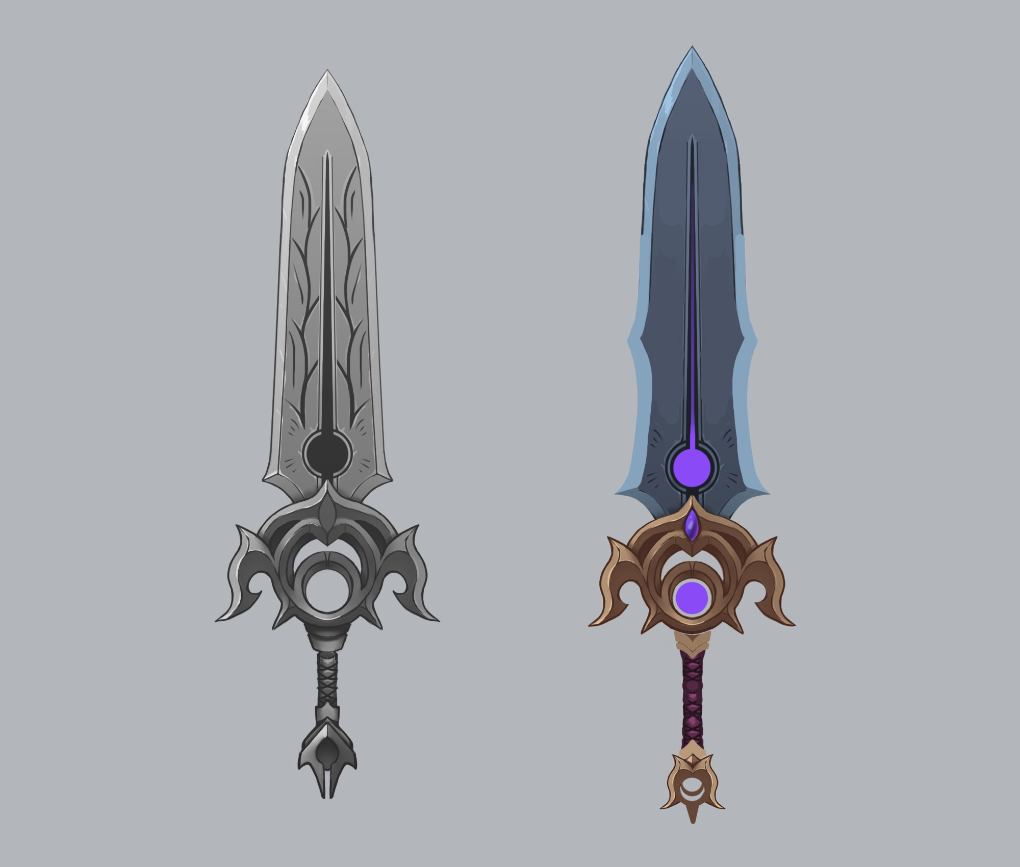 Further developed one of the concepts after making modifications, then got feedback from Roman and made some more changes to the blade shape and proportions of the sword components
